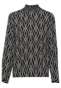 Haut noir à manches longues avec un col montant, présentant un motif de feuilles blanches en forme de losange. Tissu texturé avec une coupe ample.