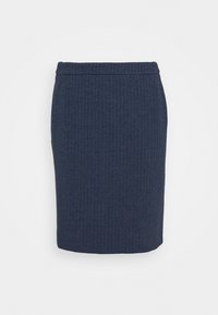Jupe crayon marine avec un motif en chevrons texturé, de forme ajustée et une taille. Fabriquée en tissu extensible pour le confort et la liberté de mouvement.