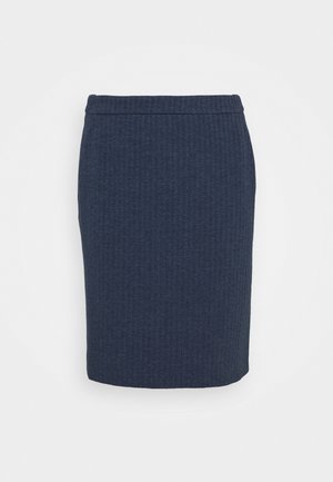 Marineblauwe kokerrok met een gestructureerd visgraatmotief, slim fit en een tailleband. Gemaakt van een elastische stof voor comfort en bewegingsvrijheid.