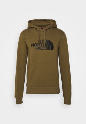 Olive green hoodie made of fabric with a soft texture, featuring a front pocket and a large black logo on the chest. Drawstring hood included.