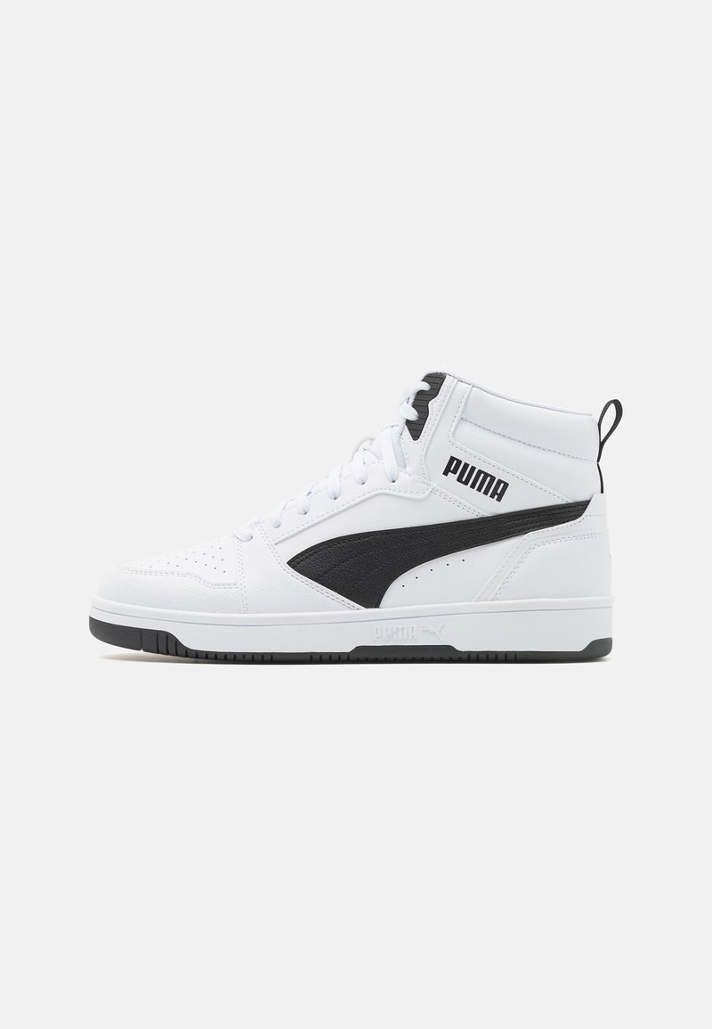High-top sneakers with a white leather upper, black accents, perforated details, lace-up closure, and a rubber sole. Puma logo featured.
