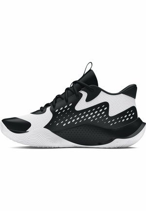 Czarno-biały sportowy sneaker z siateczkową cholewką, falistym wzorem, perforowanymi panelami bocznymi i teksturowaną białą podeszwą.