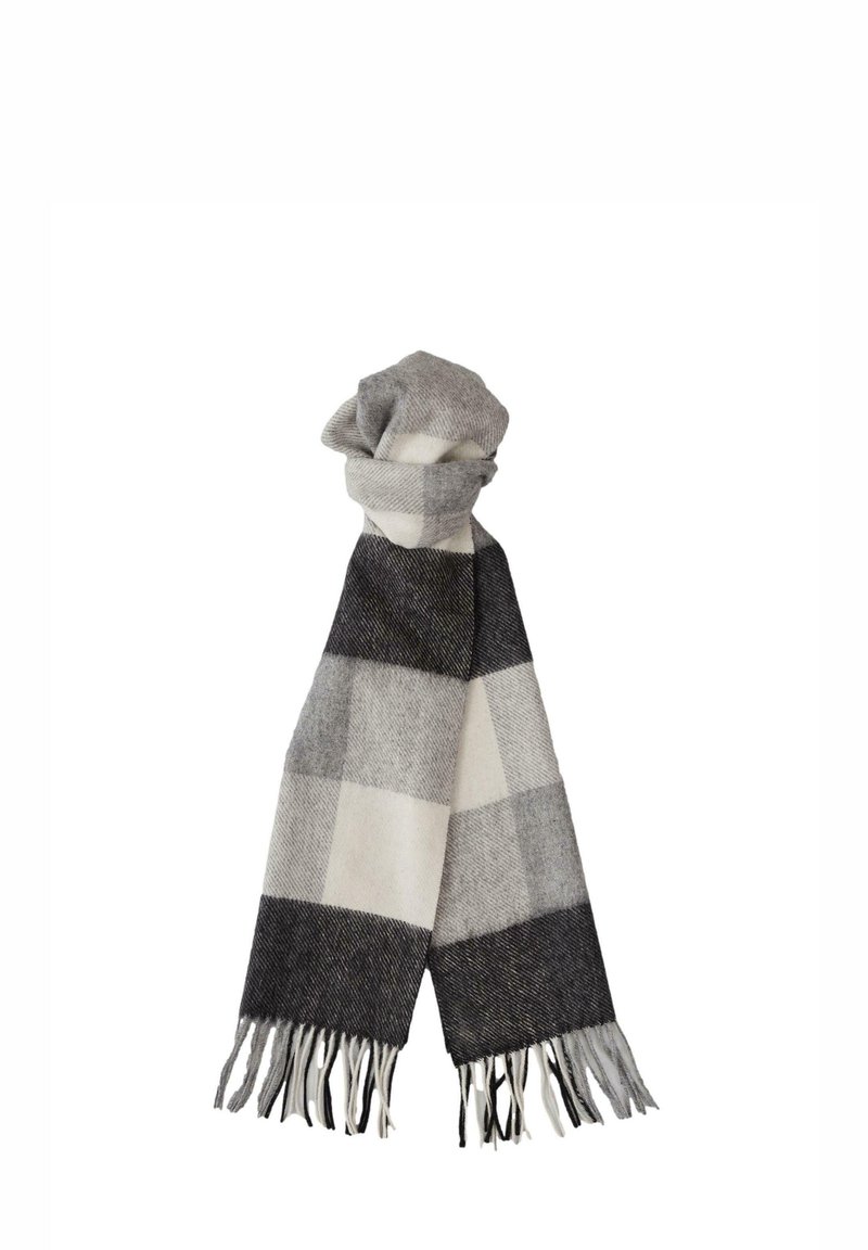 Szary i biały szalik w kratę wykonany z miękkiego materiału, z frędzlami na brzegach; prostokątny kształt z przytulną teksturą.
