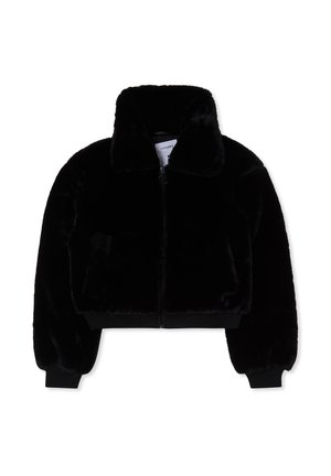 Giacca cropped in ecopelliccia nera con ampio colletto, chiusura con zip e polsini elasticizzati. Texture morbida con due tasche laterali.