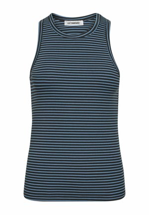 Schwarz-blau gestreiftes ärmelloses Oberteil mit geripptem Material und rundem Ausschnitt. Verfügt über horizontale Streifen in unterschiedlichen Breiten.