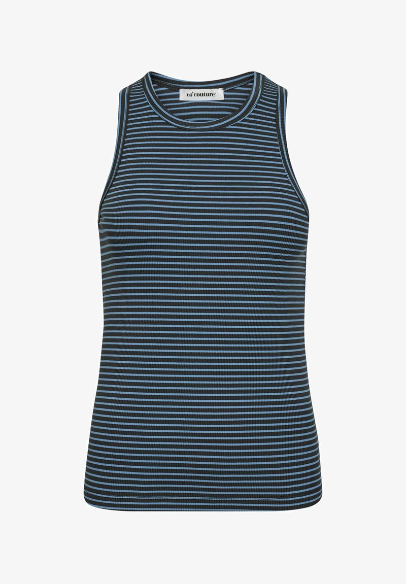 Mustvalge ja sinine triibuline ilma varrukateta topp, millel on sooniline tekstuur ja ümmargune kaelus. Omab horisontaalseid triibe, mille laiused erinevad.