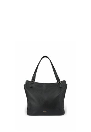 Schwarze, strukturierte Leder-Schultertasche mit zwei Riemen und kleinem goldenen Markenlogo vorne in der Mitte.