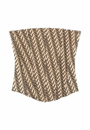 Beżowy gorset z czarnym wzorem w wiry i okręgi. Zbudowana konstrukcja z ostrymi krawędziami i pionowymi szwami, tworząca dopasowany kształt.