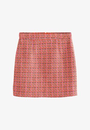 Trumpetas sijonas ryškiai rožinės ir oranžinės spalvos, su tekstūruotu raštu ir subtiliais metaliniais siūlais. Fiksuotas liemuo su užtrauktuku nugaroje.