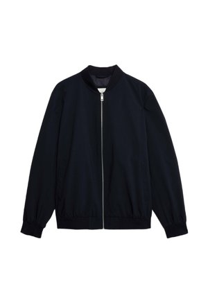 Navy bomber jacket, lightweight fabric, zip front closure, ribbed collar and cuffs, two side pockets, smooth texture, elasticized hem.