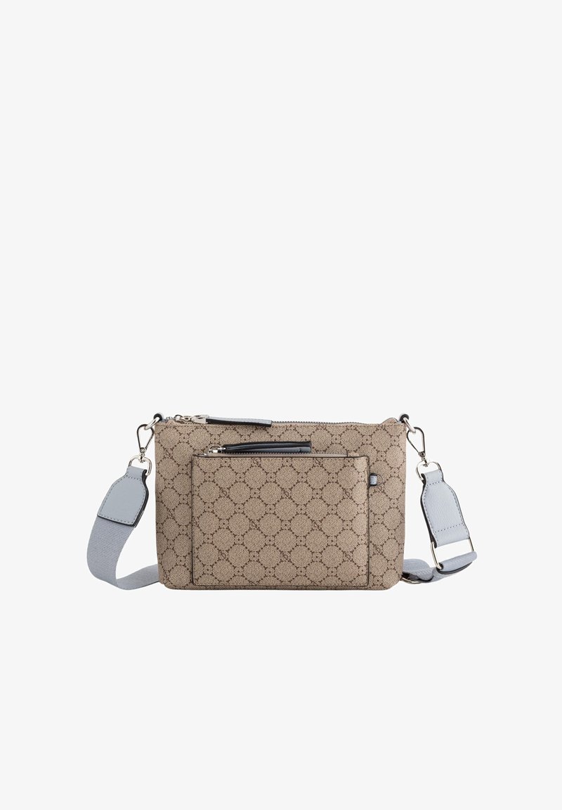 Beige gemusterte Umhängetasche aus strukturiertem Stoff mit einem Reißverschluss-Hauptfach, einer Vordertasche und einem hellblauen verstellbaren Träger.