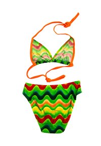 Dwuczęściowy bikini w zielone, pomarańczowe i czerwone fale. Biustonosz z regulowanymiwiązaniami, pasujące majtki z falistym wzorem i elastycznym materiałem.