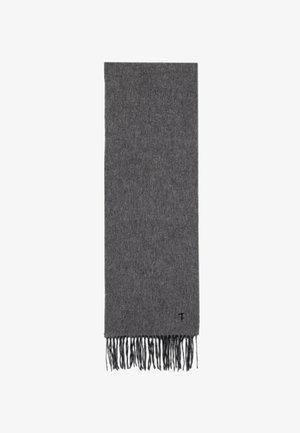 Grauer Schal aus weichem Material mit Fransen an den Enden. Glatte Textur, rechteckige Form, minimalistisches Design.