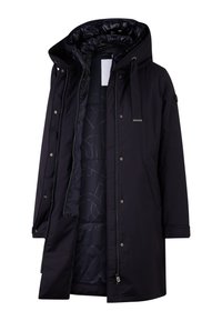 Wodoodporna czarna kurtka parka z kapturem, zamkiem na przodzie, zatrzaskami i elastycznymi wykończeniami. Posiada pikowaną podszewkę wewnętrzną.
