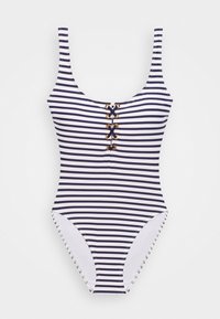 Maillot de bain une pièce rayé avec des rayures horizontales bleu marine et blanches, décolleté scoop, détail lacé ajustable avec des accents en métal doré.