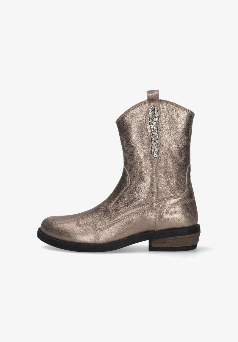 Metallic bronze ankle boot with textured surface, decorative stitching, and a crystal detail on the heel. Low stacked wooden heel.