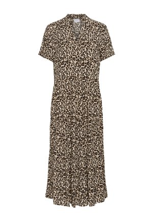 Rochie cu imprimeu de leopard, mâneci scurte, decolteu în V, talie strânsă, tiv în straturi, material cu o textură moale și ușoară în nuanțe de maro și negru.