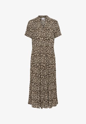 Robe imprimée léopard, à manches courtes, décolleté en V, taille froncée, ourlet en couches, le tissu présente une texture douce et légère dans des nuances de marron et de noir.