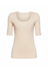 Krátký rukáv, světle růžový top s výstřihem do lodi, vyrobený z žebrované tkaniny. Má přiléhavý střih a jemnou texturu.