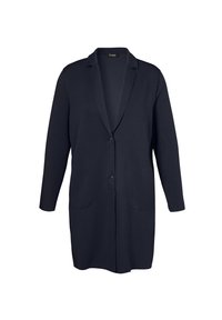 Donkerblauwe lange blazer met reverskraag, twee knopen aan de voorkant en ronde opgestikte zakken aan elke kant.