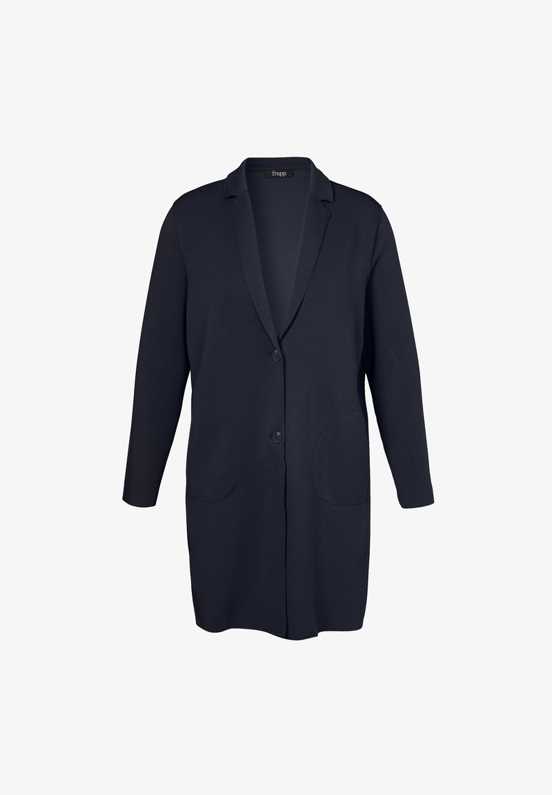 Donkerblauwe lange blazer met reverskraag, twee knopen aan de voorkant en ronde opgestikte zakken aan elke kant.