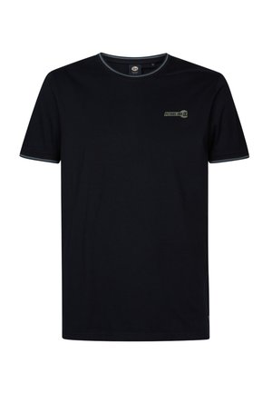 Zwart T-shirt met korte mouwen van katoen, met een ronde halslijn met grijze rand en een logo gedrukt op de linkerkant van de borst.