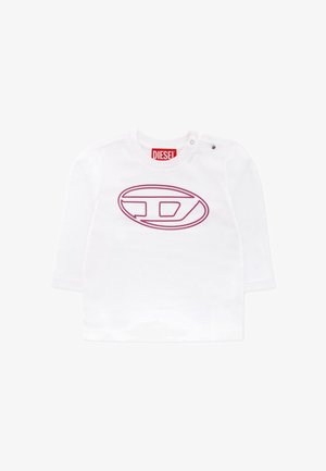 T-shirt bianco a maniche lunghe in cotone con scollatura rotonda e bottoni a scatto, con logo Diesel viola in design ovale.
