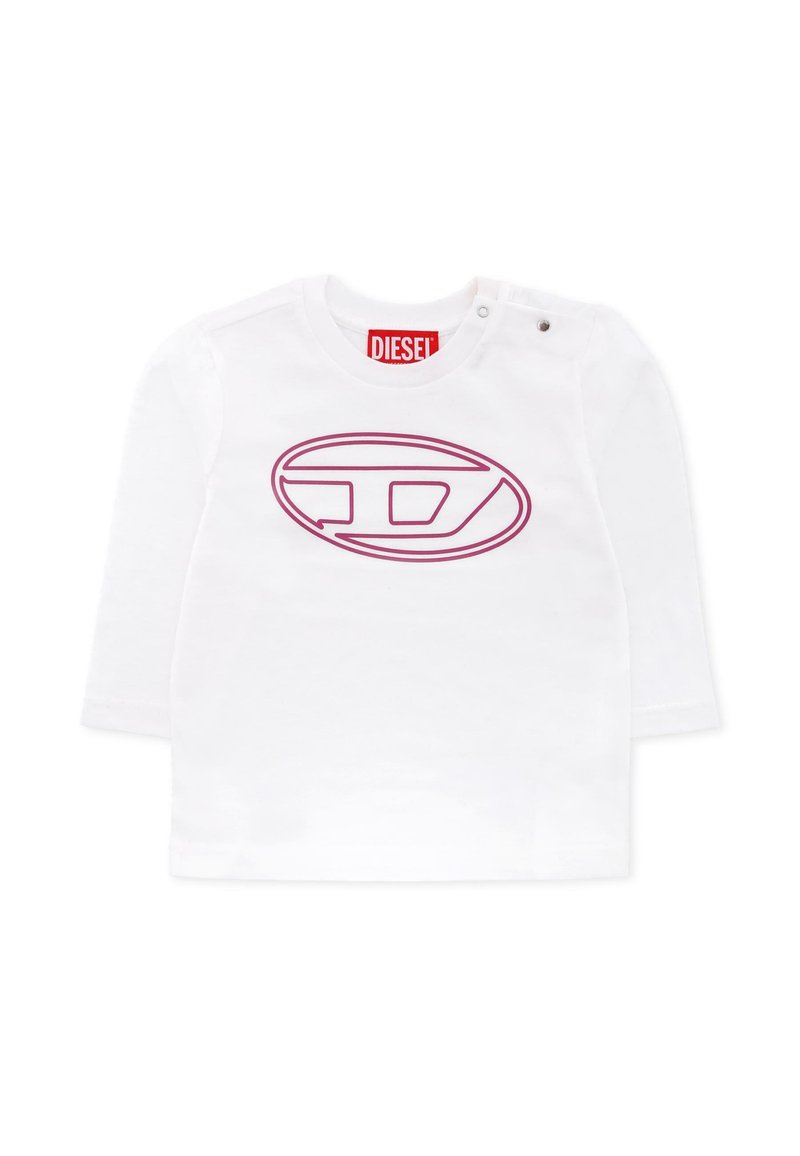 Witte lange mouwen t-shirt van katoen met een ronde hals en drukknoopjes, met een paars Diesel-logo in een ovale vorm.