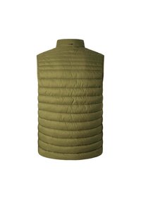 Olivgrüne ärmellose Steppweste mit hohem Kragen, gestepptem Design und horizontalen Nähten. Weicher Stoff, leichtes Material.