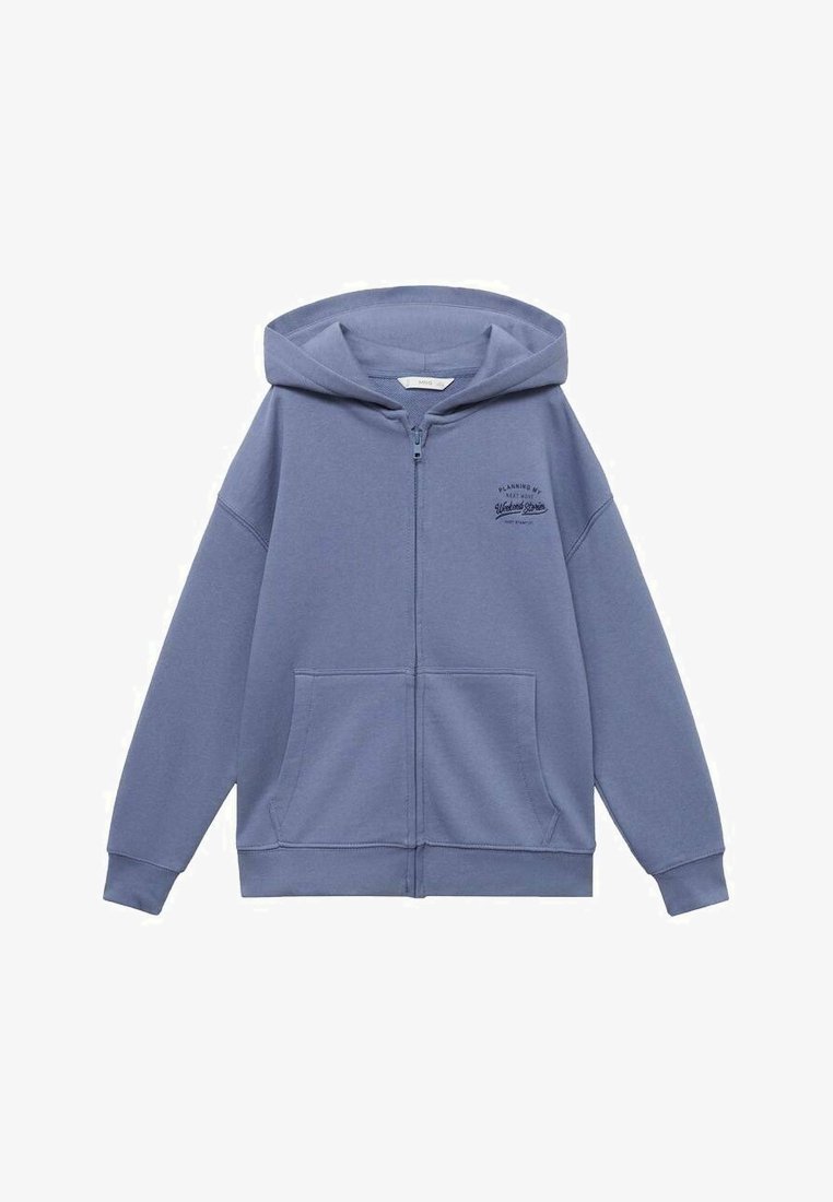 Blue zip-up hoodie made of soft fabric, featuring a front pocket, drawstring hood, and embroidered text on the chest.