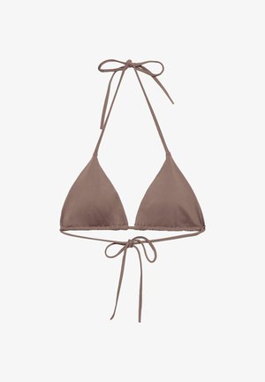 Brun trekantsbikinitop med justerbare bindebånd ved hals og ryg, vist på hvid baggrund.