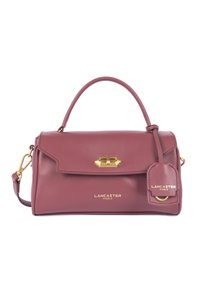 Borsa a tracolla di medie dimensioni in pelle rosa, con manico superiore e tracolla removibile, dotata di accessori in oro e etichetta con logo.