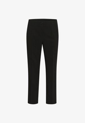 Pantaloni neri a vita alta con taglio slim, dotati di chiusura con singolo bottone, tasche laterali e una texture del tessuto liscia.