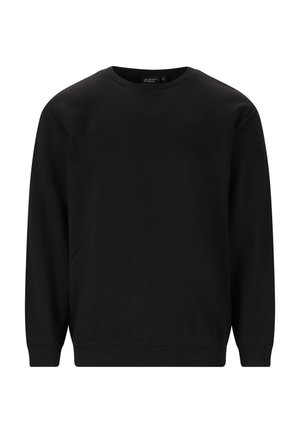 Sort crewneck-sweatshirt med lange ærmer og ribbet manchet og kant, vist forfra på en ensfarvet hvid baggrund.
