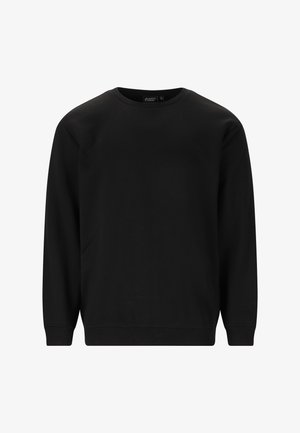 Sort crewneck-sweatshirt med lange ærmer og ribbet manchet og kant, vist forfra på en ensfarvet hvid baggrund.