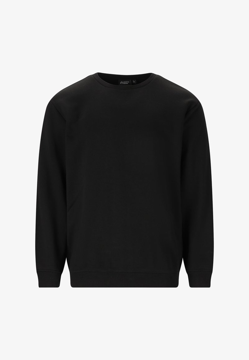 Sweatshirt noir à col rond avec manches longues et poignets et ourlet côtelés, présenté de face sur un fond blanc uni.