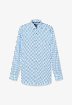 Hellblaues Hemd mit langen Ärmeln, kleinem dunklem Rautenmuster, schwarzen Knöpfen und einer Brusttasche, flach auf weißem Hintergrund ausgelegt.