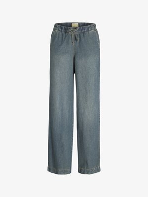 Calças de denim azul claro com um design de pernas largas, cintura elástica e cordão. Apresenta costura standard e sem bolsos visíveis.