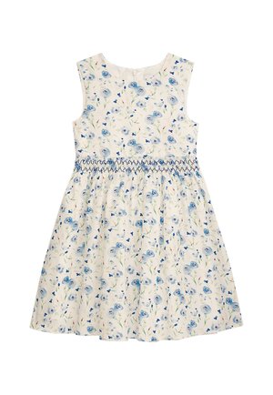Ärmelloses weißes Kleid mit blauem Blumenmuster, geraffter Taille mit blauer Naht und rundem Ausschnitt.