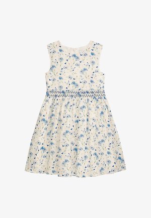 Ärmelloses weißes Kleid mit blauem Blumenmuster, geraffter Taille mit blauer Naht und rundem Ausschnitt.