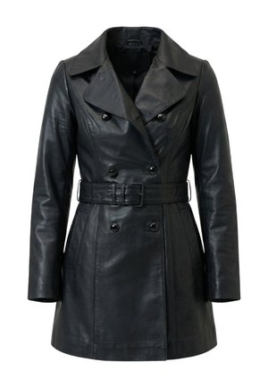 Zwarte leren mantel met dubbele rij knopen, brede revers, lange mouwen, voorzakken en een bijpassende ceintuur in de taille.