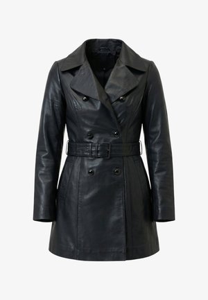 Zwarte leren mantel met dubbele rij knopen, brede revers, lange mouwen, voorzakken en een bijpassende ceintuur in de taille.