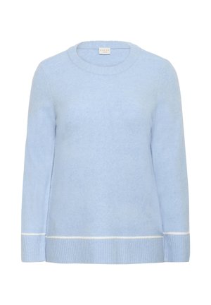 Pull bleu clair avec une texture douce et duveteuse, col rond, manches longues, et une bordure blanche contrastante à l'ourlet et aux poignets.