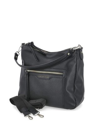 Schwarze, strukturierte Lederschultertasche mit vorderer Reißverschlusstasche und abnehmbarem, verstellbarem Riemen daneben gelegt, Marke "Fräulein AnDa".