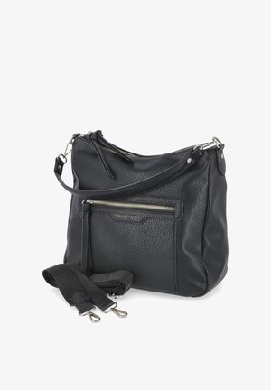 Schwarze, strukturierte Lederschultertasche mit vorderer Reißverschlusstasche und abnehmbarem, verstellbarem Riemen daneben gelegt, Marke "Fräulein AnDa".