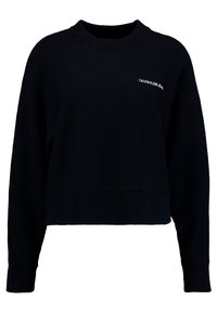 Czarny krótkie sweter wykonany z dzianiny. Posiada okrągły dekolt i długie rękawy. Na piersi widoczne białe, wyszywane logo.