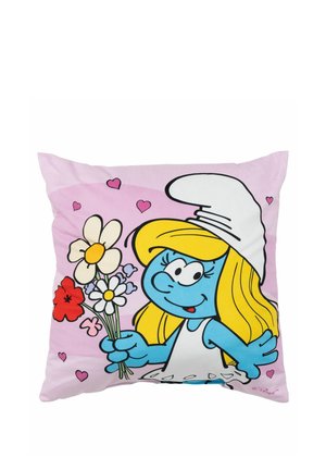 Square pillow featuring a blue character with long yellow hair, holding flowers, set against a pink background with hearts.