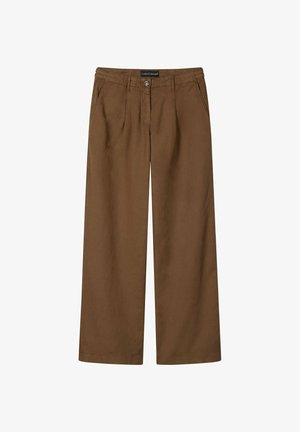Braune Hosen mit weitem Bein, vorderen Falten, Gürtelschlaufen, Seitentaschen und einem Knopfverschluss am Bund.