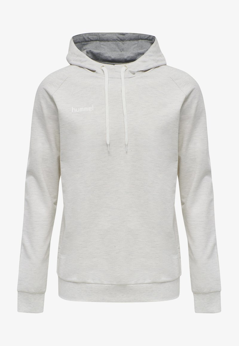 Ljusgrå hoodie gjord av mjukt material, med dragsko i huvan, långa ärmar och en liten vit logotyp på bröstet.