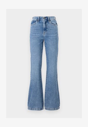 Gaiši zili džinsa flared džinsi ar augstu jostasvietu, ar priekšējiem kabatām, ar rāvējslēdzēju un nelielu izbalējumu uz auduma.